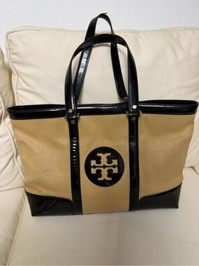 Tory Burch Tan Canvas Tote with Black Patent Leather Trim